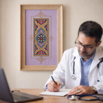 تابلوی تذهیب دست‌ساز نصب‌شده روی دیوار پشت میز پزشک در مطب ایرانی، مناسب دکوراسیون مطب و فضاهای درمانی رسمی
