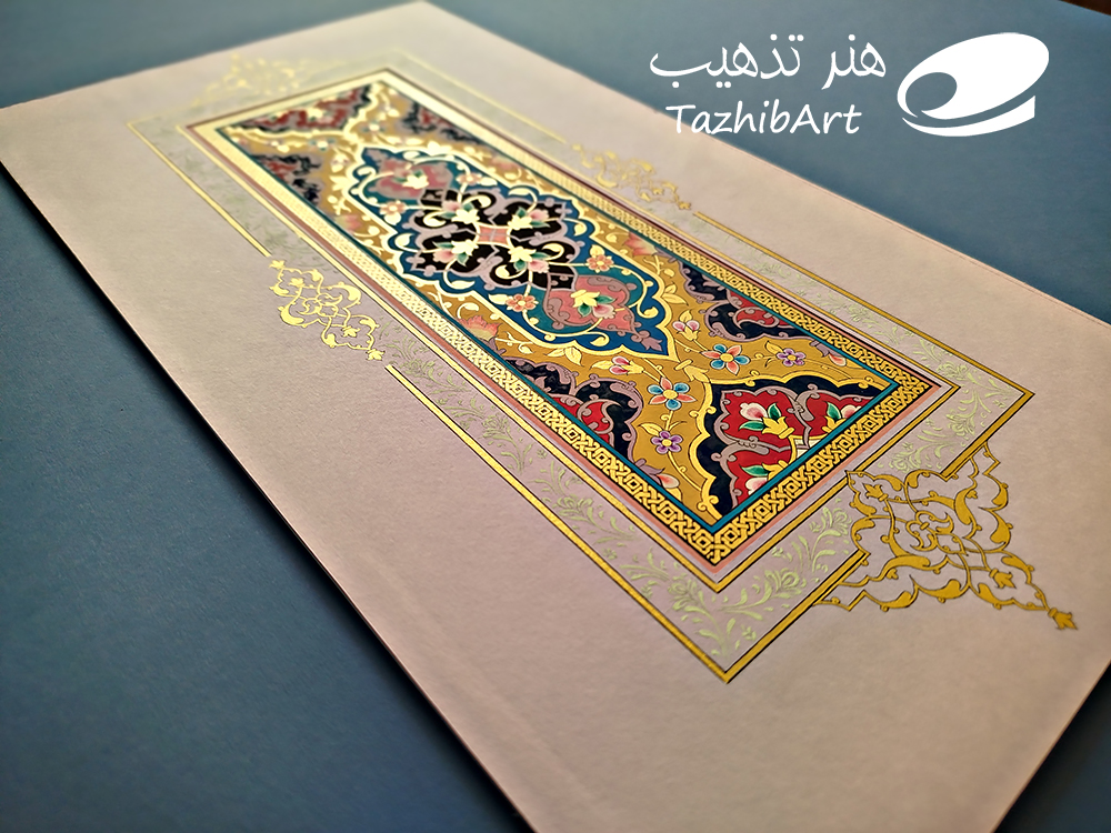 تابلوی تذهیب فروغ اثر محمدعلی نعیمی با طرح واگیره از نمای زاویهدار