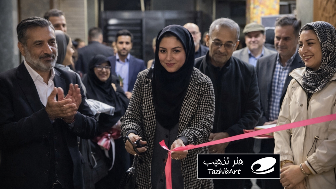 تصویر «خیزران معادی» بانوی جوان هنرمند در حال بریدن روبان افتتاح نمایشگاه تذهیب با عنوان «زرفام»؛ در سمنان