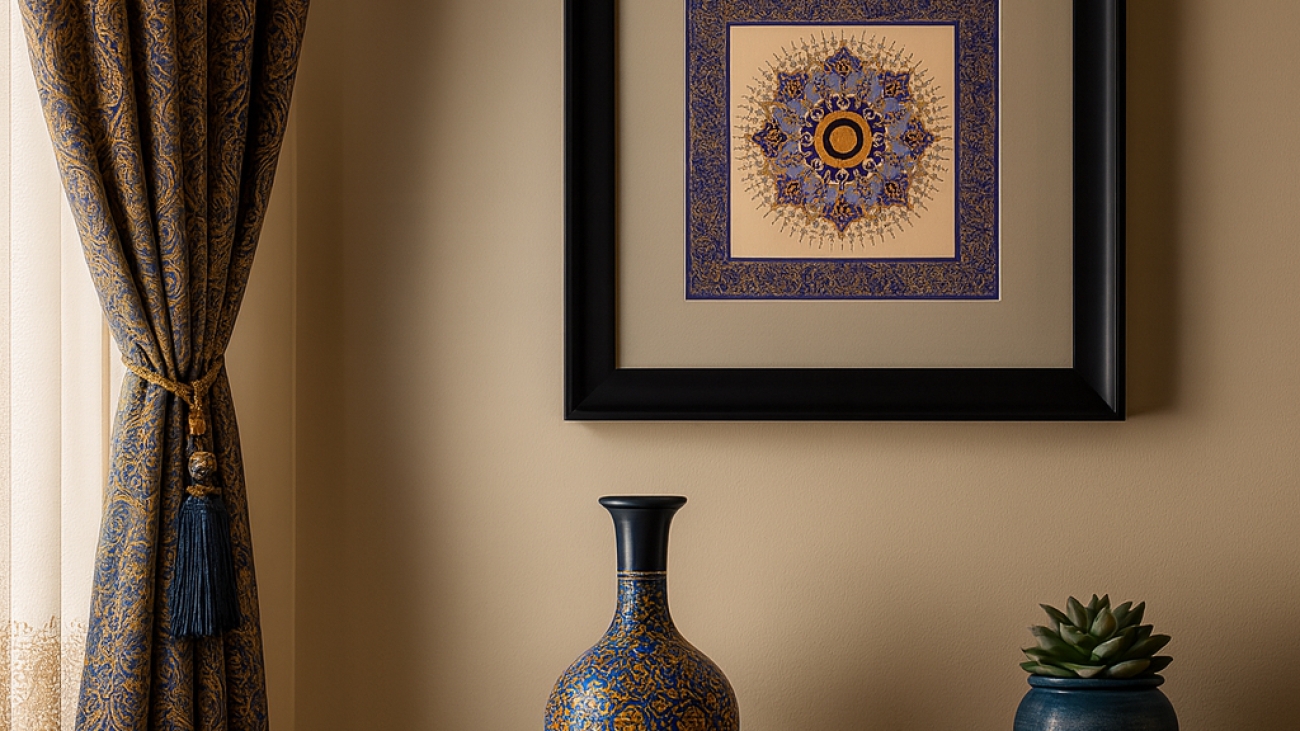 تابلوی تذهیب مهرزاد بر روی دیوار خانه ایرانی