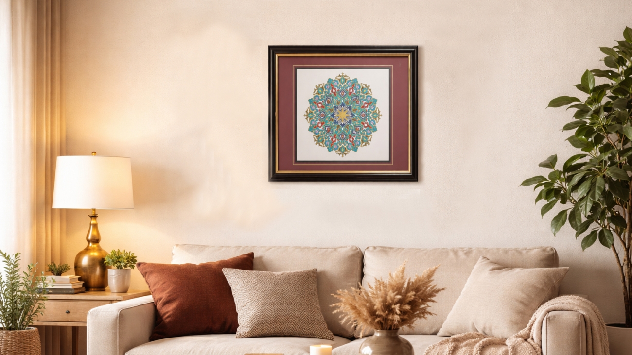 تابلوی تذهیب اصیل ایرانی با قاب مشکی و پاسپارتوی زرشکی، نصب‌شده روی دیوار اتاق نشیمن مدرن با نور طبیعی و فضای گرم