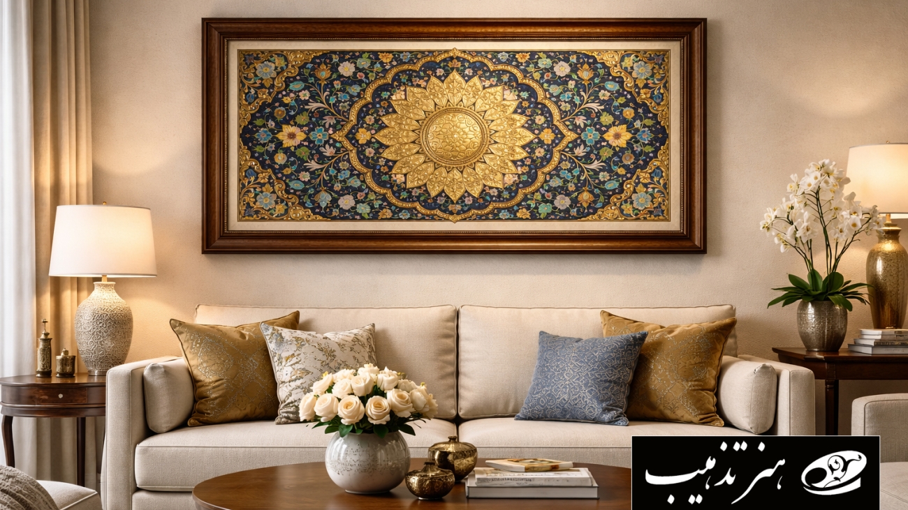 تابلو تذهیب ایرانی با شمسه طلایی و نقوش اسلیمی و گل‌وبوته‌های رنگی در قاب چوبی کلاسیک، نصب‌شده در اتاق پذیرایی مدرن ایرانی با نورپردازی طبیعی و دکور مینیمال.