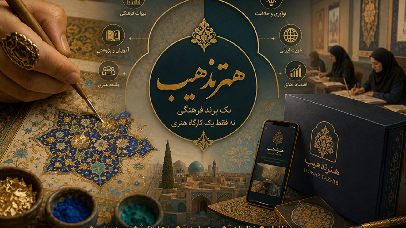 «تصویر مفهومی برند هنرتذهیب با اجرای هنر تذهیب، آثار ایرانی، کلاس آموزشی و عناصر هویت فرهنگی.»