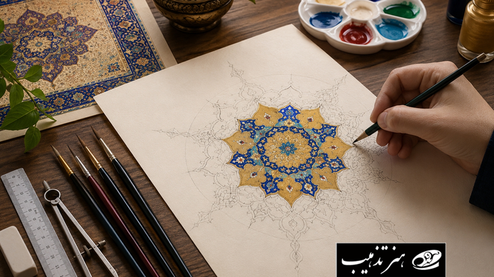 آموزش مقدماتی تذهیب برای مبتدیان؛ طراحی ترنج با وسایل تذهیب روی میز کار هنرمند