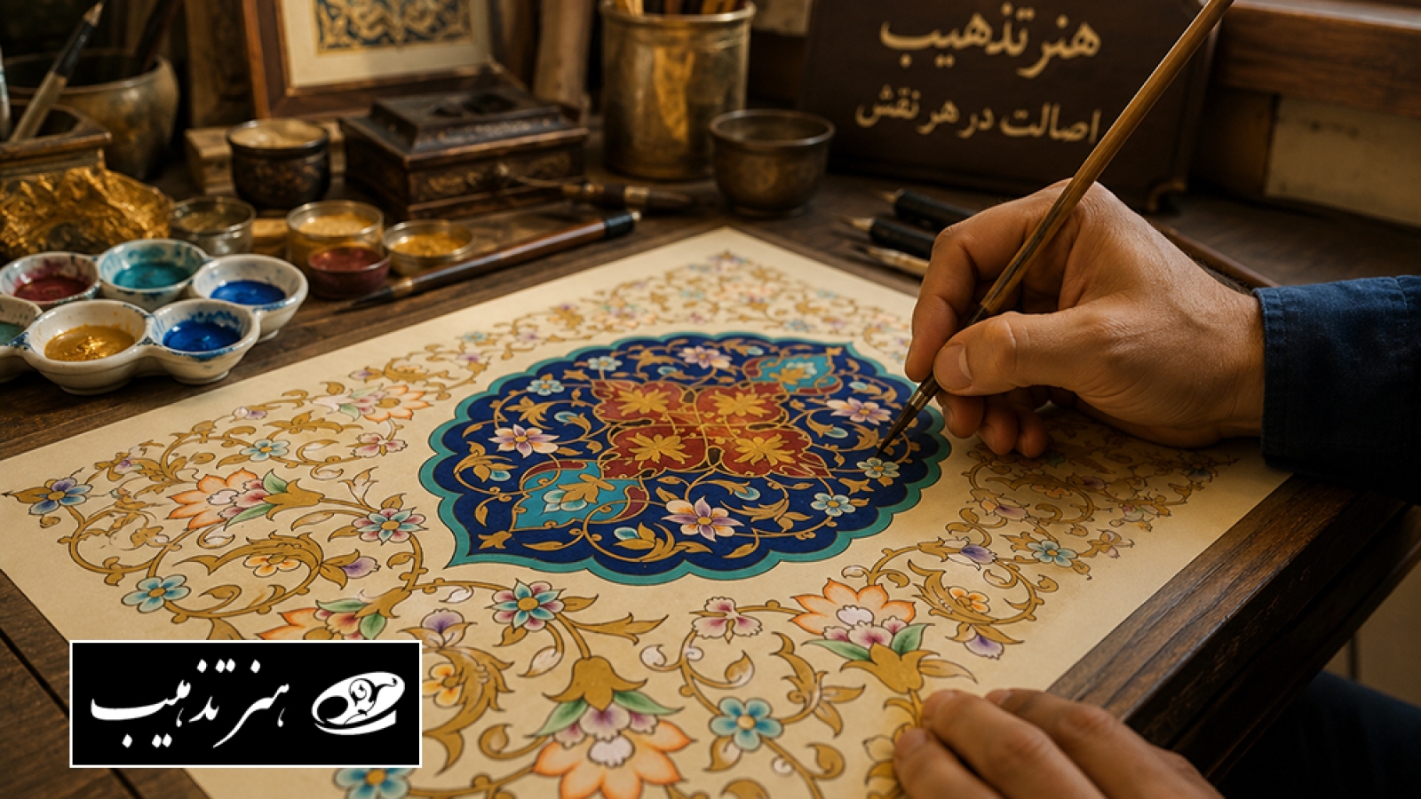 هنرمند در حال اجرای تابلوی تذهیب دست‌ساز؛ نمونه‌ای از عوامل مؤثر بر تعیین قیمت تابلوهای تذهیب