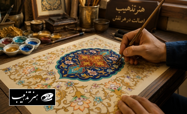 هنرمند در حال اجرای تابلوی تذهیب دست‌ساز؛ نمونه‌ای از عوامل مؤثر بر تعیین قیمت تابلوهای تذهیب