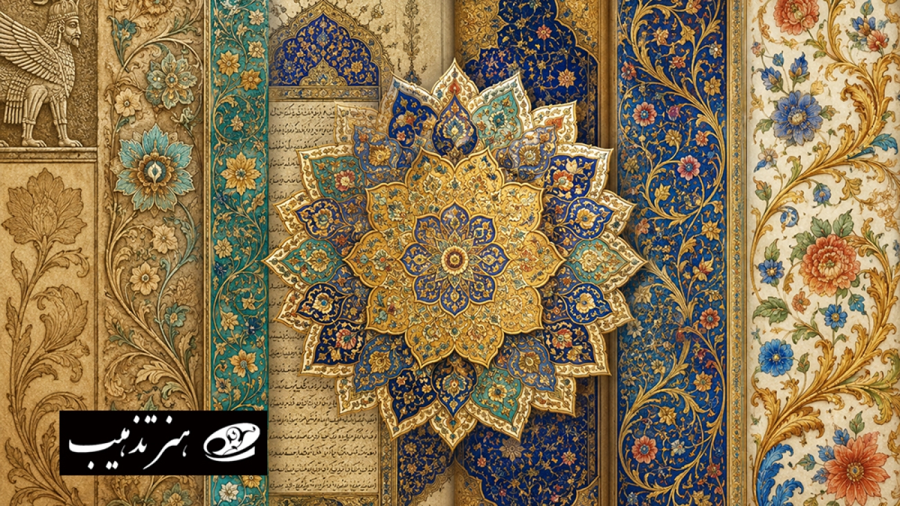 تاریخچه تذهیب از ایران باستان تا امروز با شمسه طلایی، نقوش اسلیمی و نسخه خطی تذهیبشده ایرانی