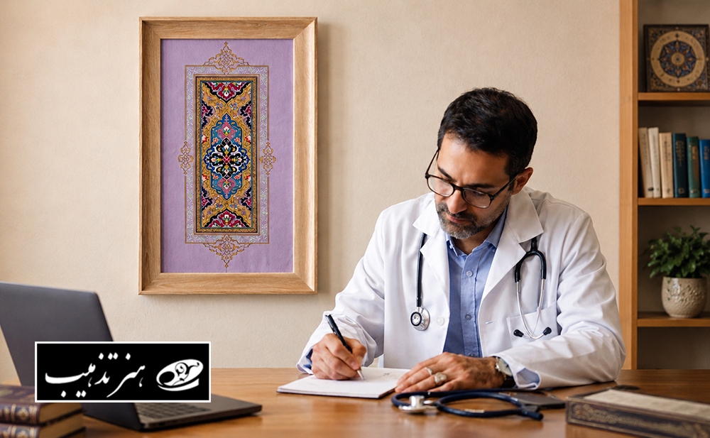 خرید تابلو تذهیب دستساز ایرانی برای دکوراسیون مطب و محل کار با قاب چوبی